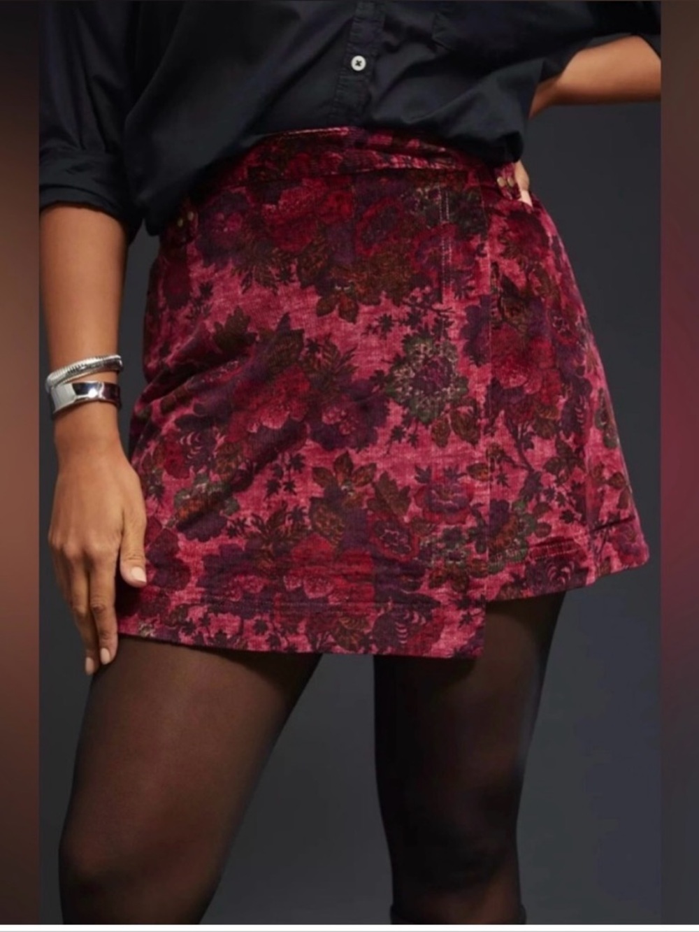 Anthropologie Pilcro Corduroy Floral Mini Skirt in Wine and Red